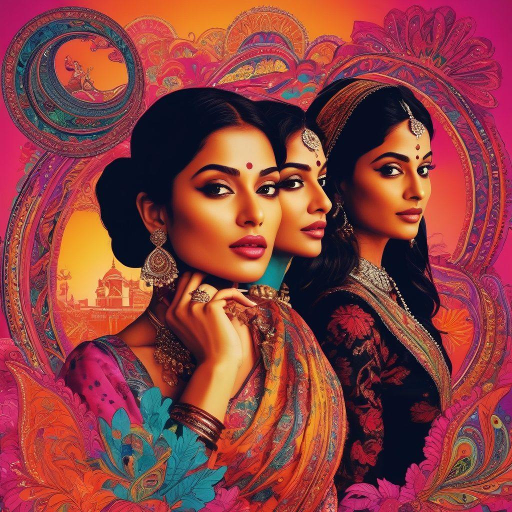 A vibrant and enticing collage featuring an array of exotic Indian entertainment moments, sensual silhouettes, and playful imagery evoking curiosity and excitement. Bright neon colors interweave with traditional elements, like paisley patterns and Bollywood motifs, creating a dynamic atmosphere. Include a hint of satire with subtle nods to popular culture. Emphasize the allure of exploration and discovery. bold colors. dynamic composition. digital art.