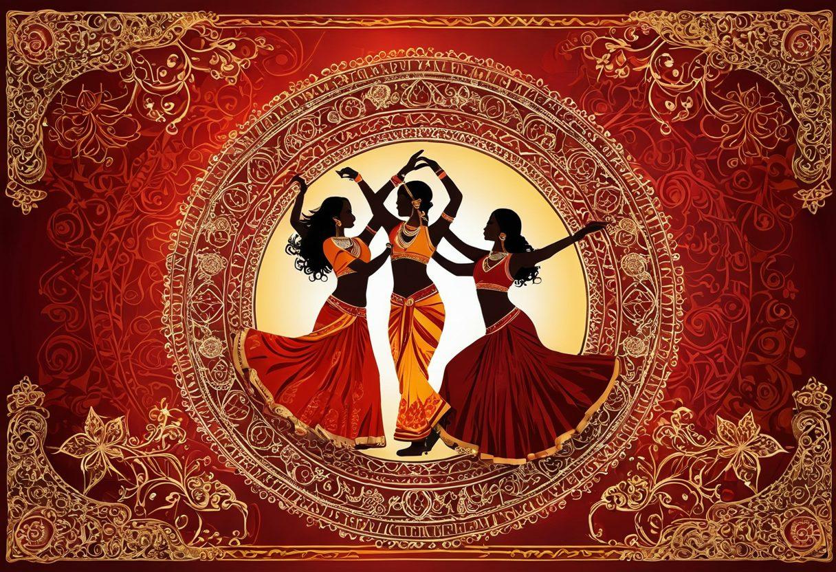 A visually captivating collage of traditional Indian motifs intertwined with modern adult entertainment elements. Include silhouettes of dancers and sensual poses against a backdrop of vibrant colors like deep reds and golds. Incorporate intricate patterns that reflect Indian culture, such as henna designs. Elements like film reels and digital screens can symbolize erotic content. The overall scene should be alluring yet respectful, celebrating both the art form and culture. vibrant colors. intricate patterns.